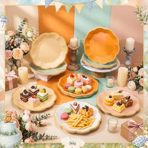 72 Pcs A Little Cutie Paper Plates 9 Inch Sage Green Orange Gradient Scalloped Paper Disposable Dinner Dessert Plates for Baby Shower Summer Birthday Wedding Bridal Party Supplies, 6 Colors