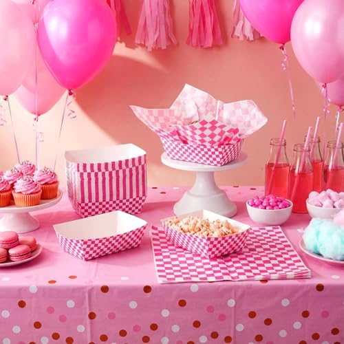 Geosar 100 Pcs Gingham Paper Food Tray with Wax Paper,Fuchsia White