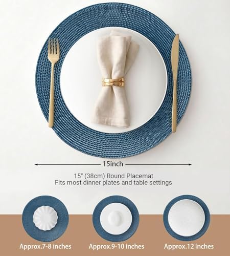 FunWheat Round Braided Placemats Set of 12 Place Mats for Dining Table Woven Washable Non-Slip Table Mats 15 Inch(Blue,12pcs)