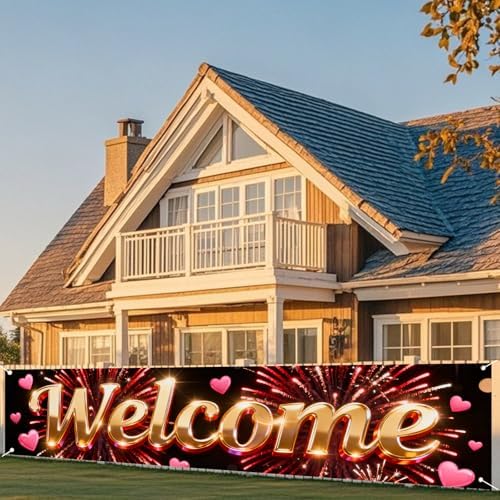 Nuxovilar Welcome Home Banner Golden Red Firework 17.7x78.7 Polyester