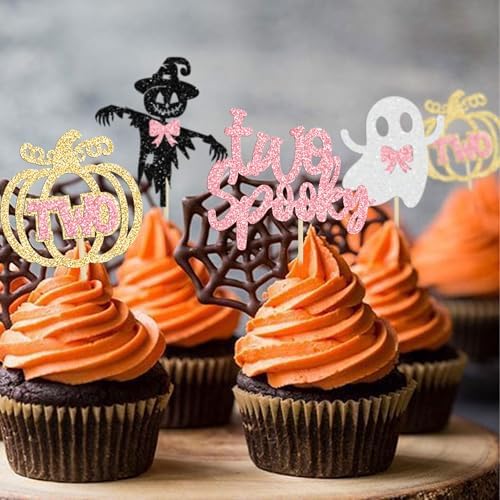 Gyufise 24 Pcs Halloween Spooky Cupcake Toppers - Pink Glitter Ghost, Pumpkin, Girl & More for Kids Birthday Party Supplies
