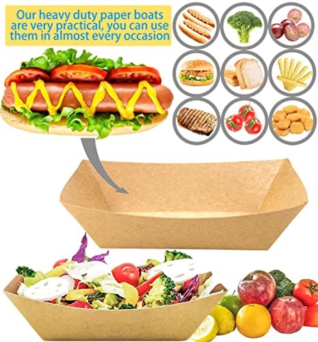 100 Pack 3lb Kraft Paper Food Trays, Heavy-Duty Paper Food Boat Disposable Serving Basket Tray for French Fries Nachos Snack Hot Dog Taco BBQ Popcorn Party Picnic Wedding Party (Brown)