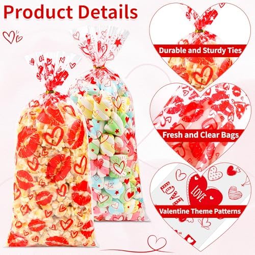 100PCS Valentines Goodie Bags - 5 x 11 Plastic Valentines Cellophane Treat Bags with Twist Ties, Red Heart & Love Design Valentine Candy Bags for Kids Classroom Exchange, Party Favors, Gifts, Cookies