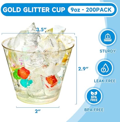 RACETOP 9 oz 200 Pack Gold Glitter Plastic Cups