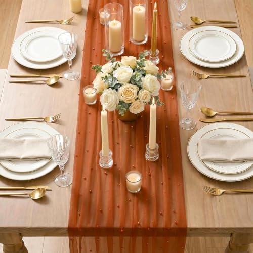 Artoid Mode Pearl Terrcotta Gauze Table Runner 10FT Home Decor