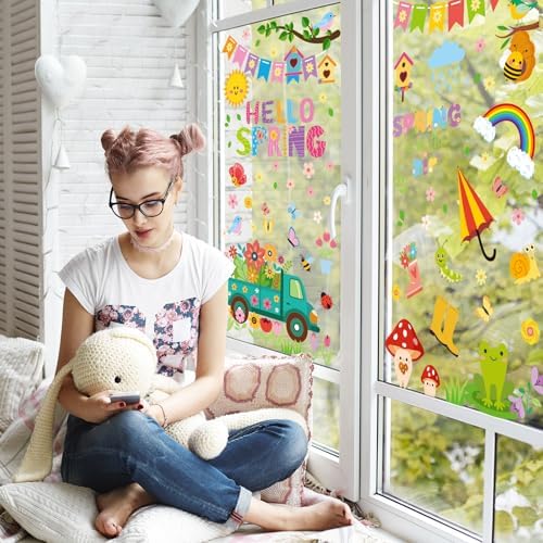 Xzentira 163Pcs Spring Window Clings Spring Stickers for Glass Windows Double-Sided Window Decals with Flowers Butterfly Bees Birds for School Home Office Accessories Party Supplies