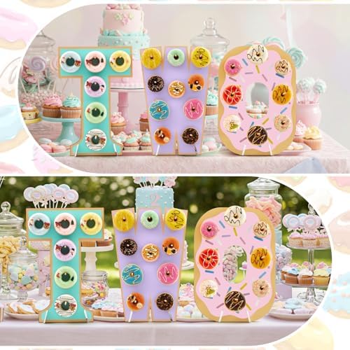 Lallisa 3 Pack Sweet Two Donut Stands, Wooden Doughnut Display Stand with Bases and Pegs, Donut Holder for Dessert Table, 2nd Birthday Decorations, Sweet Two Theme Party Decor for Kids