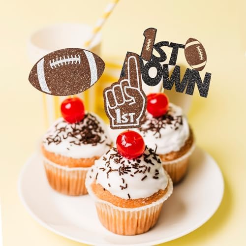 24Pcs Football 1st Birthday Cake Topper & Cupcake Toppers, Football Party Decorations for Baby Shower, First Down Them