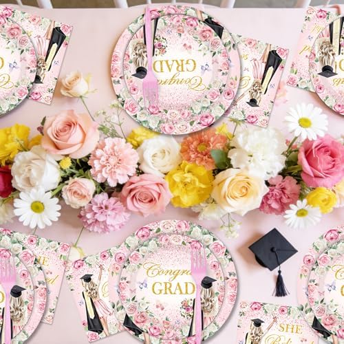 96Pcs She Believed She Could So She Did Paper Plates Napkins Forks Flower Graduation Decorations 2026 Party Tableware Floral Grad Class of 2026 for College High School Supplies Serve 24 Guests