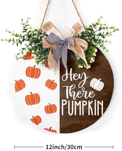 Hey There Pumpkin Front Door Sign 12"x12" Welcome Fall Door Hanger Autumn Thanksgiving Sign Farmhouse Fall Decorations Hanging Porch Sign Rustic Autumn Outdoor Plaques Wall Art Sign for Home