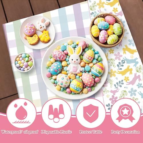 OHOME Easter Decorations - Rabbit Eggs Disposable Plastic Tablecloth Rectangular | Easter Party Decorations Supplies Favors Indoor Outdoor - Spring Holiday Backdrop Banner Table Cover for Home Kitchen