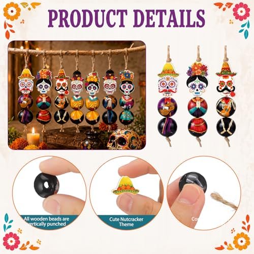 Cinnvoice 240 Pcs Holiday Wood Beads with Twine,Day of the Dead