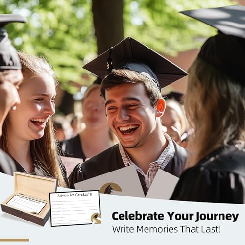 Graduation Advice Cards 2026 with Decorative Wood Box - 60 Pack 250GSM Wishes & Advice Cards for Graduate - High School & College Graduation Party Decorations, Guest Book Alternative, Sign Set