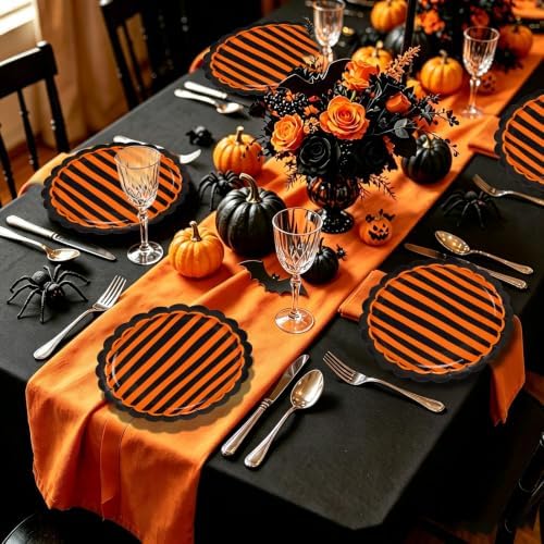 JarThenaAMCS 30Pcs Orange Black Stripe Paper Plates Halloween Scalloped Disposable Plate Striped Dessert Plate for Halloween Birthday Baby Shower Party Table Decor