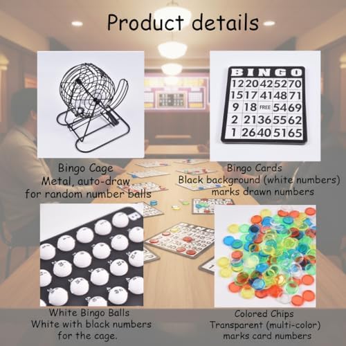 Bingo Cage Game Set for Adults and Youths，Premium Bingo Set includes 8inch rotating metal cage, 75 bingo balls, 18 cards, 150 chips, and foldable main board. Ideal for family bingo and parties
