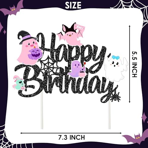 Halloween Ghost Happy Birthday Cake Topper Black Glitter Halloween Birthday Cake Decorations Pastel Ghost Cake Picks Ghosts Boo Day Baby Shower Decor for Birthday Party Supplies