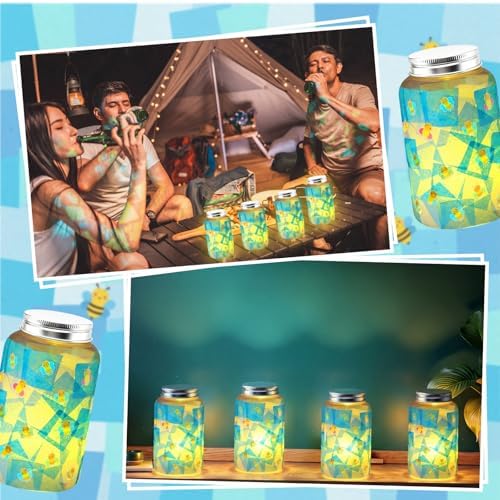 Qinyoung 6 Pcs Firefly Mason Jars Firefly Paper Crafts with LED Candle Light DIY Suncatchers Decoration Make Your Own Camping VBS Mason Jars Supplies for Sunday School Projects Activity