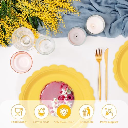 Vyntra 50 Pcs Yellow 7 Inch Scalloped Paper Dessert Plates