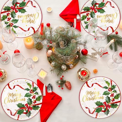 FYSUIMU Christmas Paper Plates Party Plates Xmas Gold Foil Holly Ribbon Disposable Dinner Plate for Winter Holiday New Year Party Tableware Supplies, 40 Pcs