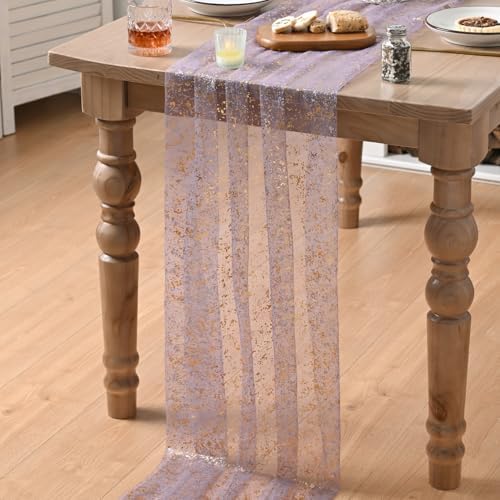 Artoid Mode Grayish Purple Gold Gauze Table Runner 120 Inch 10FT, Glitter Metallic Foil Sheer Dining Wedding Anniversary Holiday Birthday Table Decor for Home Party