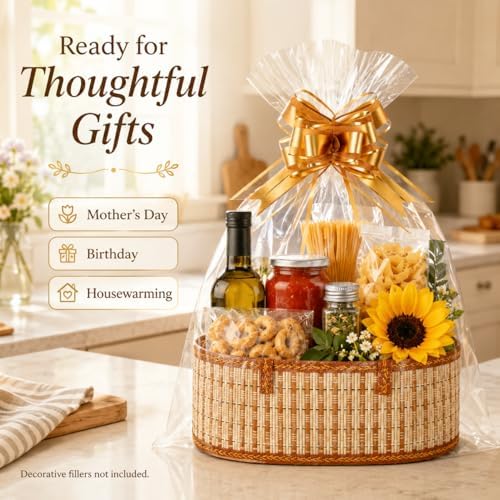 YAFAOCE 2Pcs Gift Baskets Empty to Fill for Easter Mother's Day Birthday Baby Baptisms Christmas New Year Valentines, Foldable Bamboo Woven Bulk Basket Set with Handle, Cute Large Basket Gift Kit