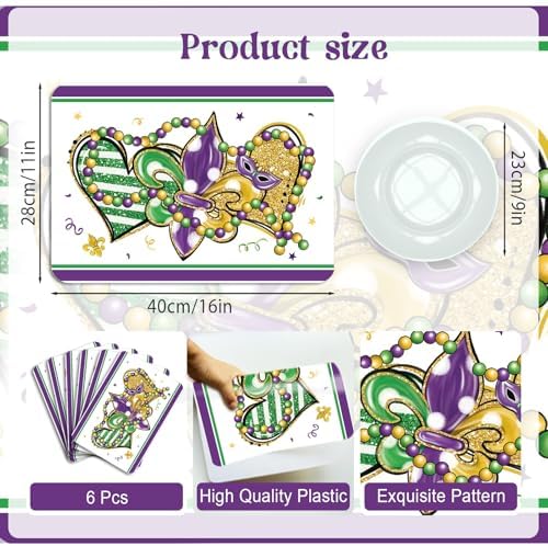 6 Set Carnival Mardi Placemats, 11x16 Inch Fleur de Lis Heart Bead Plastic Placemats Spring Holiday New Orleans Cocktail Table Mats for Carnival Masquerade Party Festival Decor