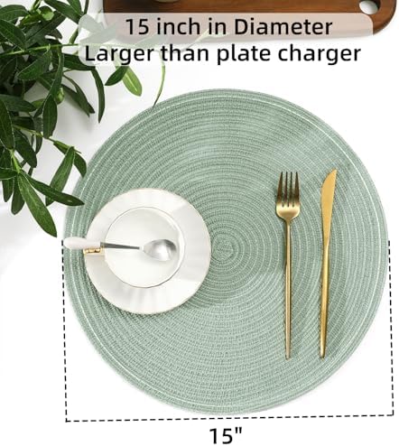 SHACOS Round Placemats Set of 8 Washable 15 inch Round Table Mats Cotton Polyester Woven Braided Place Mats for Dining Table Wedding Party Decor, Sage Green