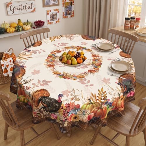 Thanksgiving Tablecloth Round 60 Inch, Stain Resistant Machine Washable Fabric Polyester Turkey Harvest Table Cloth Round Thanksgiving Tablecloth Table Cover for Kitchen Dining Party
