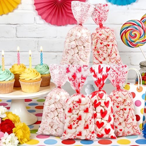 Valentines Cellophane Bags, Valentines Gift Bag, Valentine Treat Bags, Plastic Clear Red Valentine's Candy Cookie Goodie Snack Bag with Twist Ties for Valentines Day Wedding Party Favor Supplies,50 Pcs