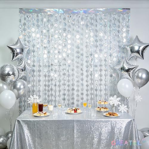 Silver Snowflake Fringe Curtain -3.2ft x 6.5ft - 2 Pack