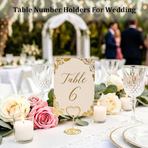 20PCS Mini Table Number Holders, Heart Shaped Place Card Holder, Premium Photo Holders for Tables, Table Sign Holders Card Stands Menu Clips for Wedding Valentine's Day Table Decor, Gold