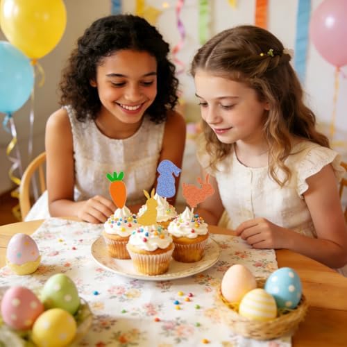 24Pcs Easter Cupcake Toppers, Glitter Bunny Carrot Cupcake Decorations