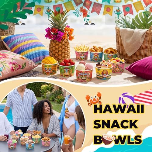 Maxdot 48 Pcs Tropical Ice Cream Bowls 9oz Disposable Snack Cups Decorative Hawaii Paper Dessert Bowls Tiki Party Supplies for Yogurt, Cupcakes, Soup Hot or Cold Food