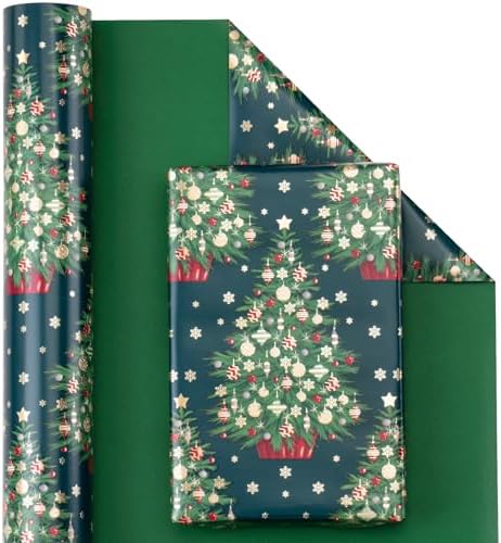 WRAPAHOLIC Reversible Green Christmas Wrapping Paper - Mini Roll - 17 Inch x 33 Feet - Green Christmas Tree Wrapping Paper for Holiday, Party Celebration