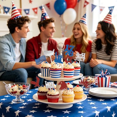 24Pcs Independence Day Cupcake Toppers, Glitter 4th of July Cake Decoration