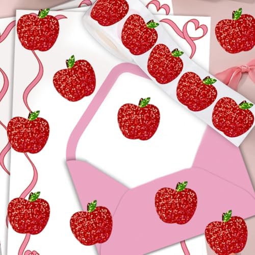 500Pcs Back to School Apples Stickers Roll Red Laser Sparkly Apples Label 1in Holographic Waterproof Decals Self-Adhesive Stickers for Envelope Scrapbook Decor First Day