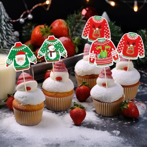 Ugly Sweater Cupcake Toppers, 40 PCS Christmas Ugly Sweater Cupcake Toppers Party Decorations, Christmas Holiday Cake Decoration Food Picks Topper for Xmas Birthday Holiday Party Decorations Supplies