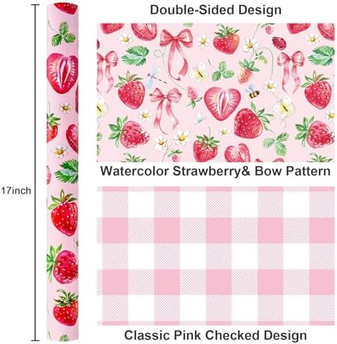 Yarcony Strawberry Wrapping Paper Roll, Cute Bow Gift Wrap, Strawberries, Floral, Butterfly & Plaid Design Pink Wrapping Paper for Girls Birthday, Baby Shower,Valentine's Day(Mini Roll, 17 InX 33 Ft)