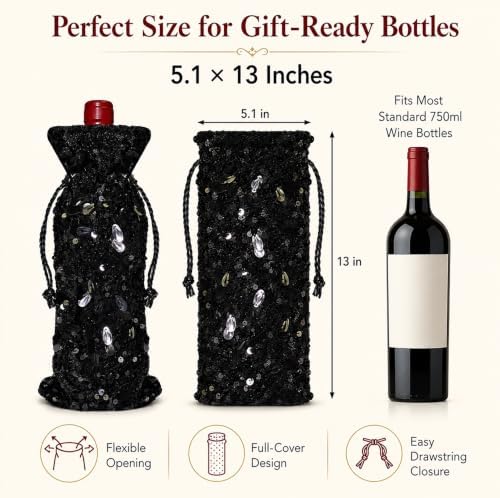 Blingxy 2-Pack Black Sequin Wine Gift Bags with Drawstring