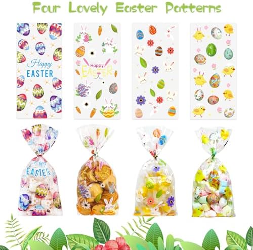 QOIUSO Easter Treat Bags: Clear Easter Cellophane Bags with 60 Twist Ties for Candy Goodie Cookies Sweet and Gifts Packaging - 50pcs Assorted Bunny & Egg Designs Platstic Party Favors Bags