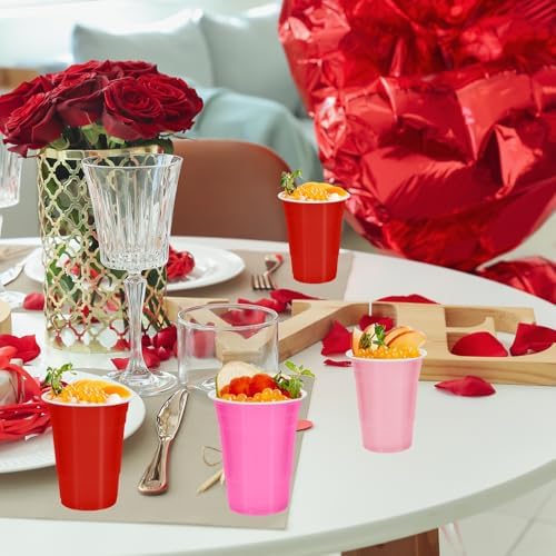 Whaline 60 Pcs Valentine's Day Plastic Cups 16 Oz Drinking Cups Pink Red Disposable Cup for Wedding Birthday Strawberry Cherry Party Supplies