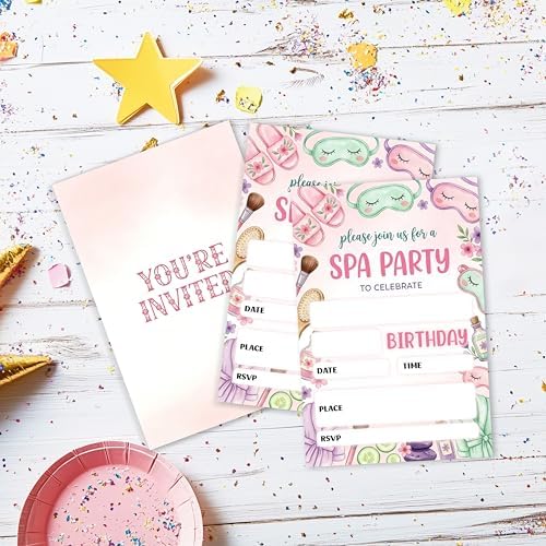 Spa Party Birthday Invitation Girl, Pamper Double-Sided Fill In Style Invites with Envelopes for Birthday, Glam Party Invitation For Girls, Teens, Bday Party Favor & Decoration