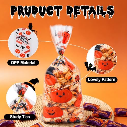 Halloween Cellophane Treat Bags, Halloween Candy Bags, Halloween Goodie Bags, Plastic Clear Goody Snack Cookie Packing Gift Bags with Ties for Kids Halloween Trick or Treat Party Favors Supplies,50Pcs