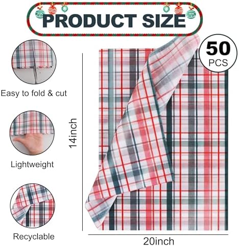BEISHIDA Christmas Gingham Tissue Paper Bulk，Red Green White Buffalo Plaid Wrapping Tissue Paper for Gift Bags, 14 x 20 Inch Gift Wrap for Christmas Party DIY Crafts Decor Holiday Flowers-50pcs
