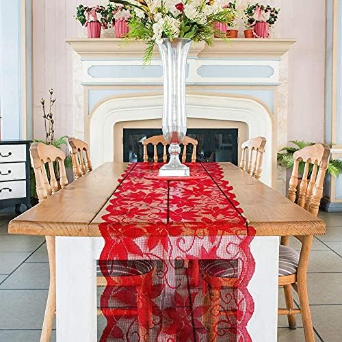 Red Lace Table Runners for Christmas Wedding Bridal Shower Baby Shower Party Table Decoration, Rustic Rose Embroidered Boho Table Runner,13 x 72 Inch (Red)