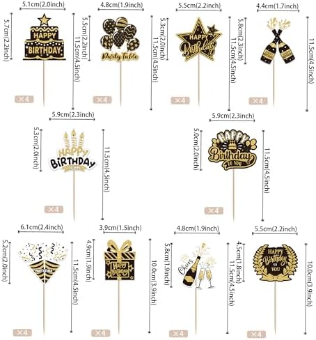 40 PCS Happy Birthday Cupcake Toppers Double Sided Balloon Star Cheers Party Time Happy Birthday Cupcake Picks for Celebrating Anniversary Theme Party Cake Decorations Supplies Black Gold