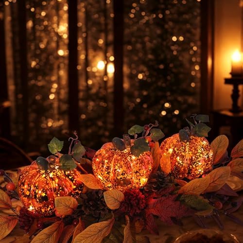LED Lighted Pumpkin Fall Centerpiece with Maple Leaves, Berries & Pinecones - Battery Operated Thanksgiving Table Decor for Home, Mantel, or Dining