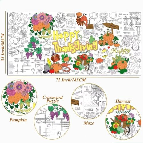 Sangguanlun Thanksgiving Giant Coloring Poster Tablecloth, 34 x 72 Inch Family Party Activity Table Cover for Kids & Adults (Thanksgiving)