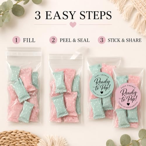 Ready to Pop Baby Shower Favor Bags, 120 Stickers and 120 Clear Treat Bags, 1.6 Inch Blush Pink and Sage Green Popcorn Labels for Boho Baby Shower Decorations