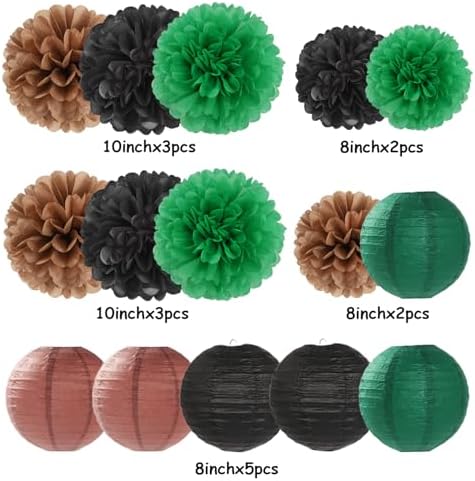 Football Party-Decorations Paper-Flowers - 15pcs Green Brown Black Tissue Pom Poms Lanterns Streamers,Birthday Baby Shower Bachelorette Hanging Supplies Decor Hugfond